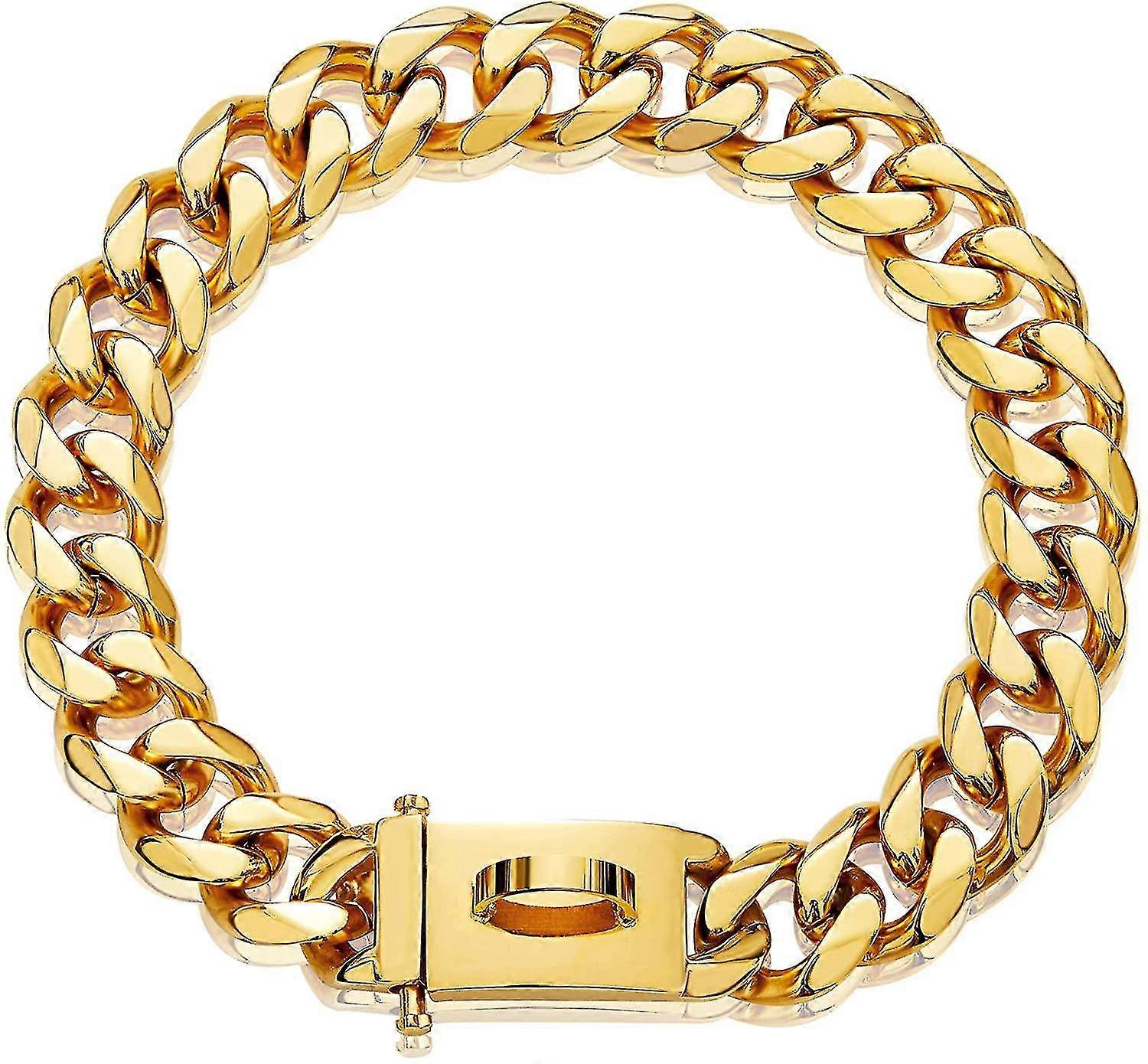 Gold Dog Chain Collar Metal Chain Collar With Design Secure Buckle, 18k Miami Cuban Link Chain 15mm Strong Heavy Duty Chew Proof Walking Collar