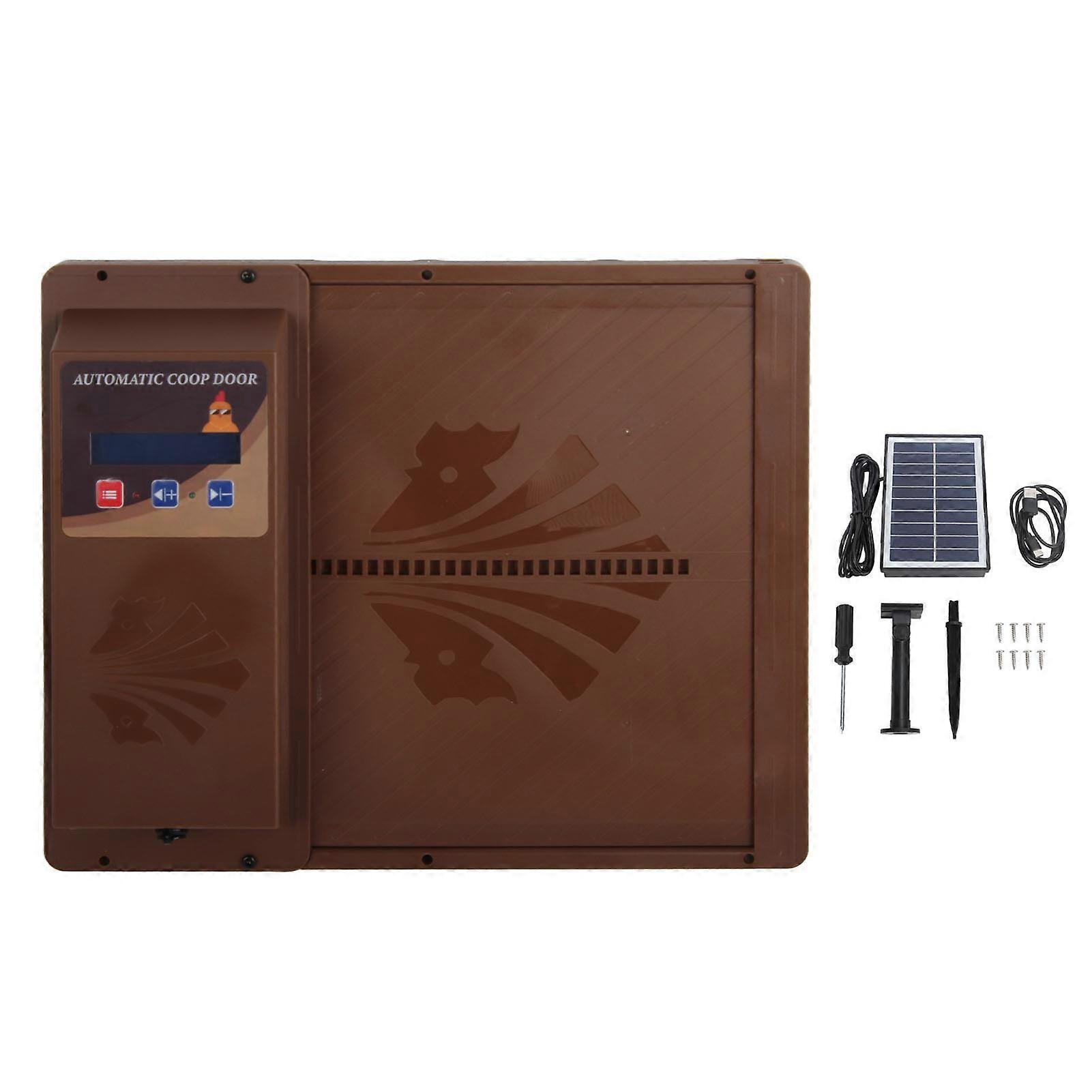 USB Solar Powered Automatic Chicken Coop Door Opener with Timer Programmable LED Display 3 Power Supply Modes Horizontally Open Type Brown