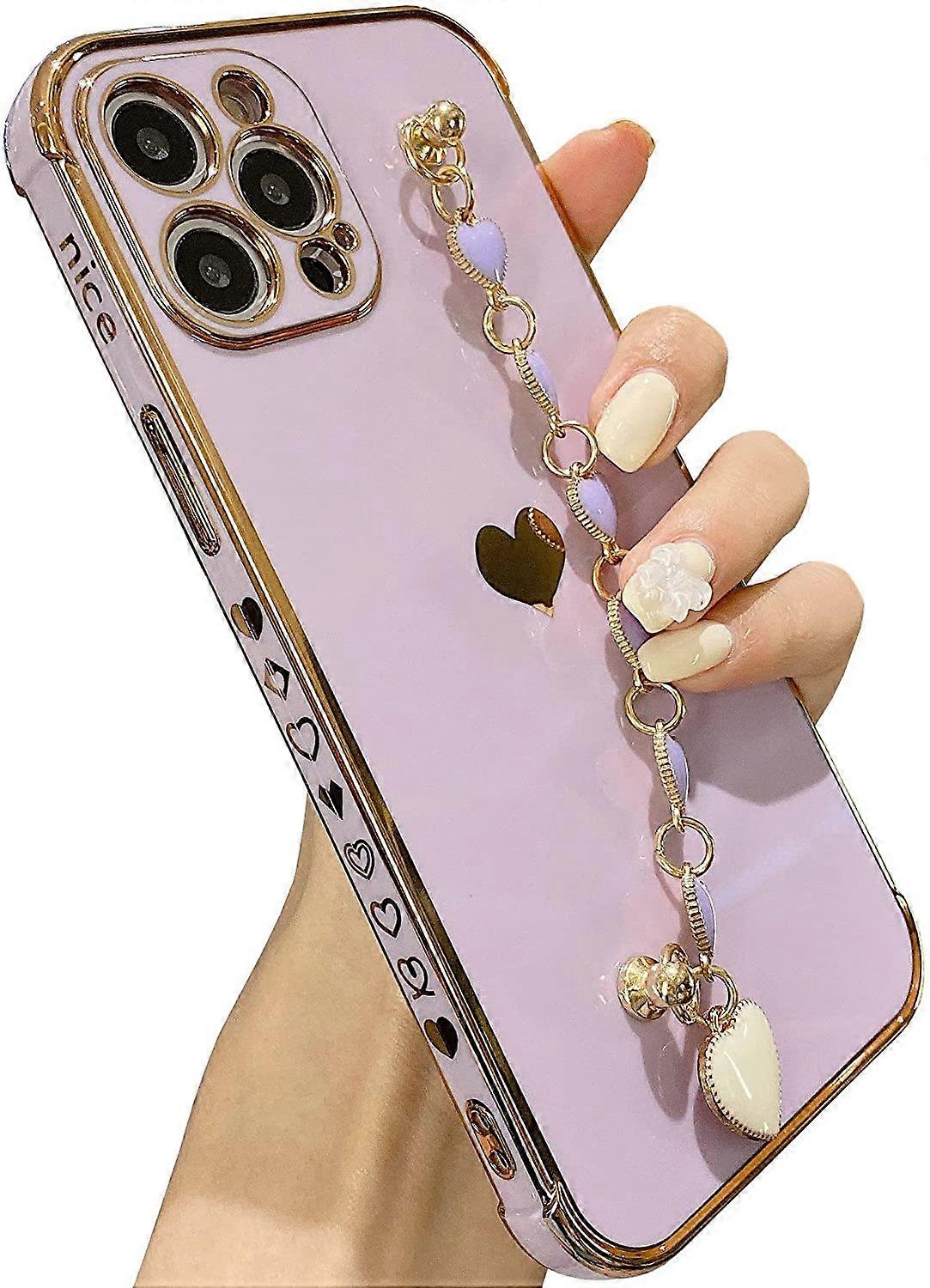 Custodia IPhone 13 Pro Max Con Cordino A Cuore - Silicone Morbido E Cinturino Regolabile Viola