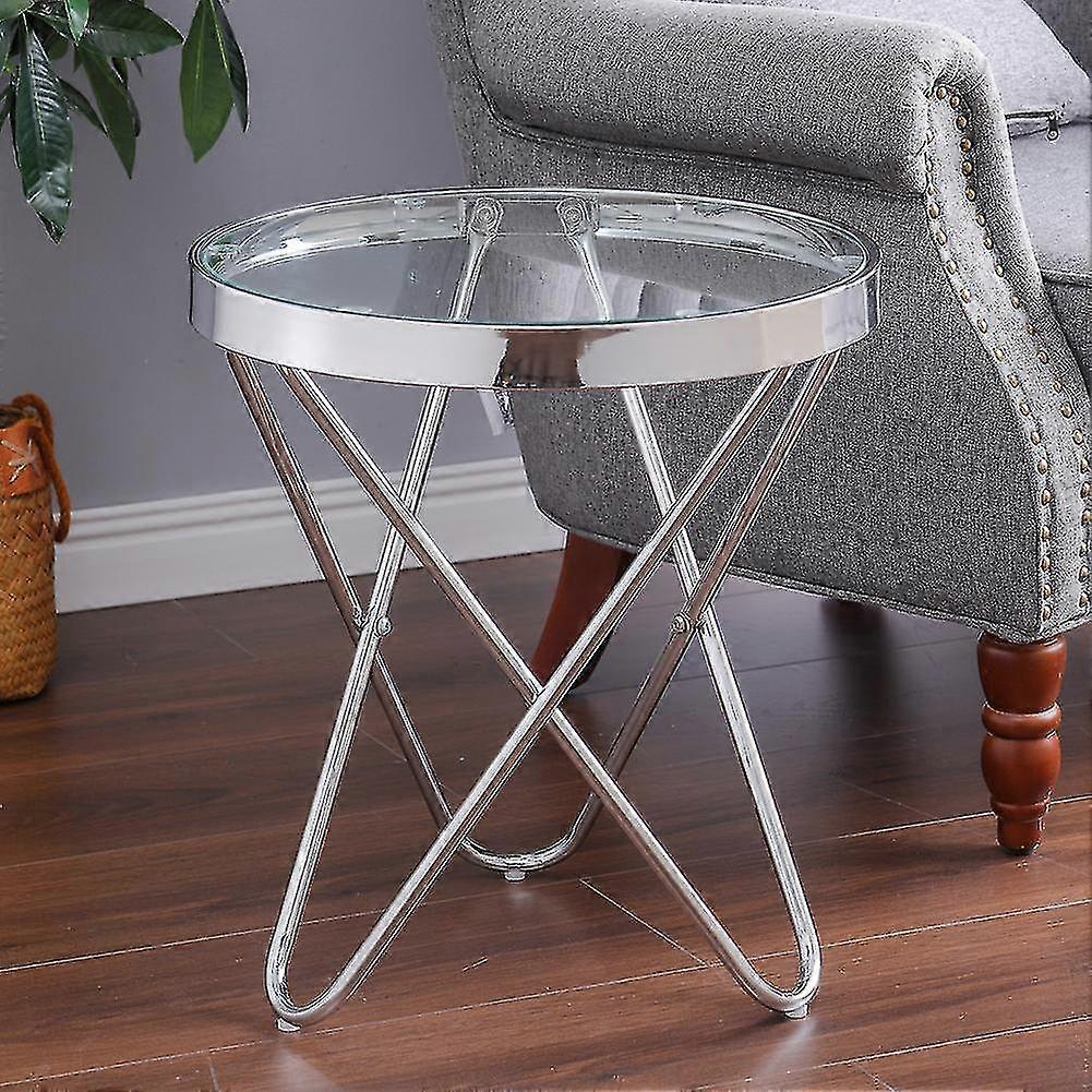Clear Tempered Glass Side End Table Round Tea Table W/ Silver Metal Legs