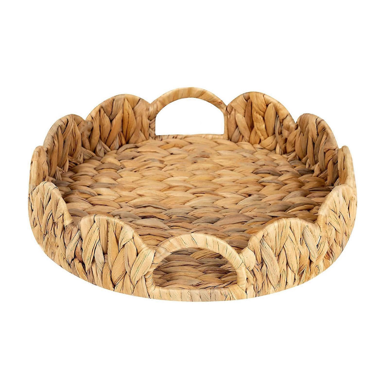 Scalloped Edge Wicker Tray with Handles Round Serving Tray Lightweight Rattan Basket for Room Decor Storage Organization