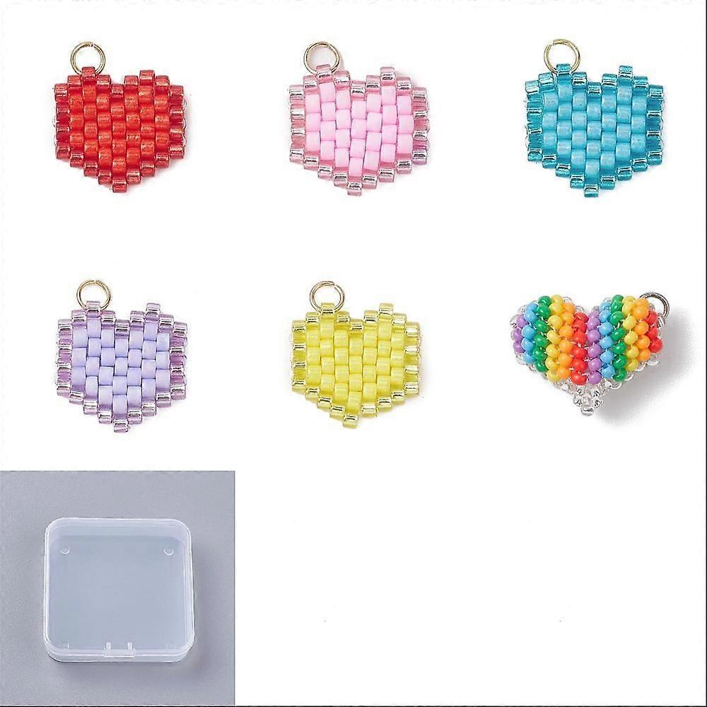 12Pcs 6 Styles Seed Beads Beaded Charms with Jump Ring Heart Pendant Mixed Color 14~17x14.5~21x2~9.5mm Hole: 2.7~3mm 2pcs/style