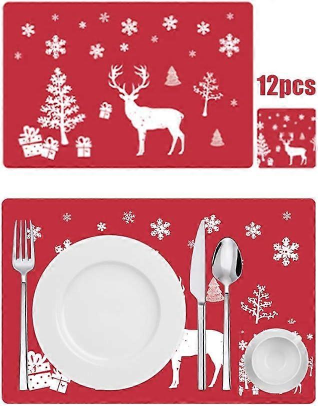 12Pcs Christmas Placemats - Red Pvc Table Mats For Dining Decor