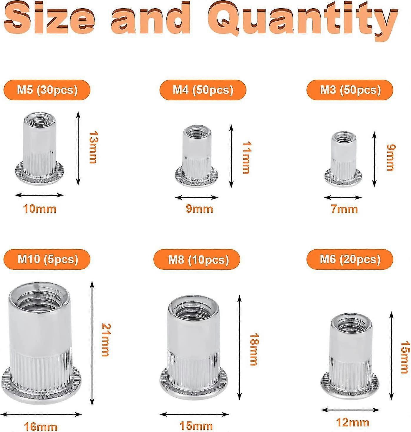 165pcs Stainless Rivet Nut Tool Flat Threaded Head(6 Types Nuts)