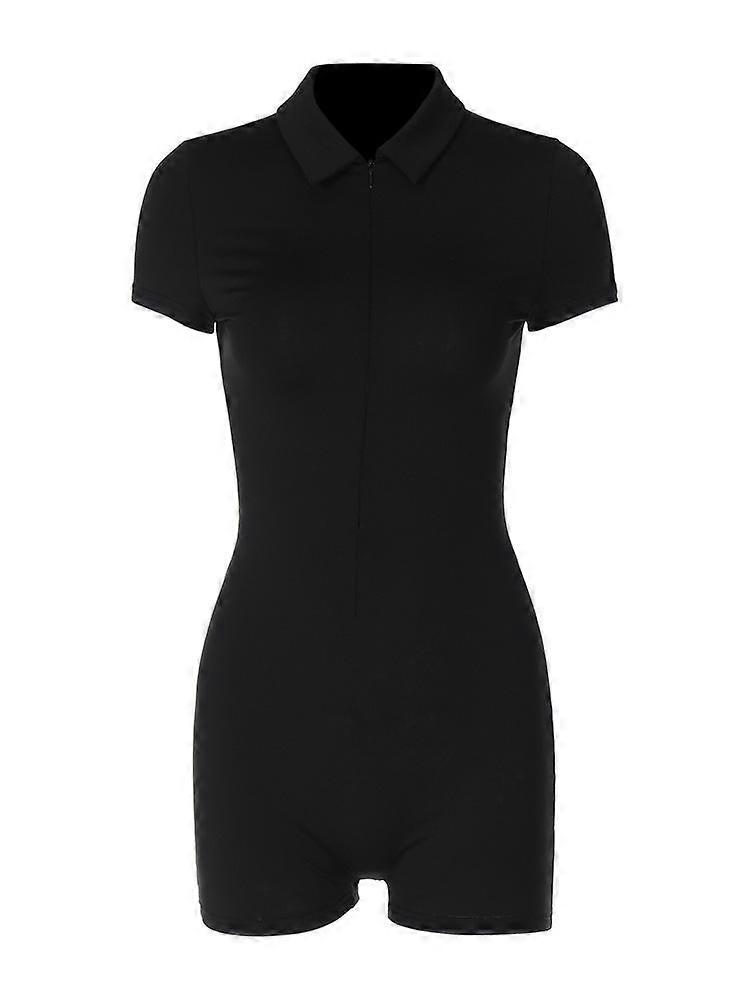 Spring Solid Color Lapel Zip Short Sleeve Yoga Running Bodycon Jumpsuit