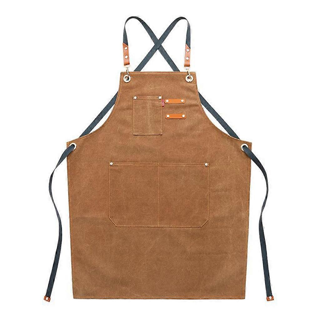 Adjustable Crossback Denim Apron with Pockets Practical Antifouling Denim Apron with Pocket for Working Unisex Apron Red Brown