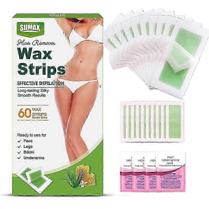 Wax Strips Hair Removal for Women,Waxing Kit with 60 Body Waxing Strips& 4 Calming Oil Wipe For Face,Legs, Lip, Eyebrow, Wax Kit At Home, For All Skin