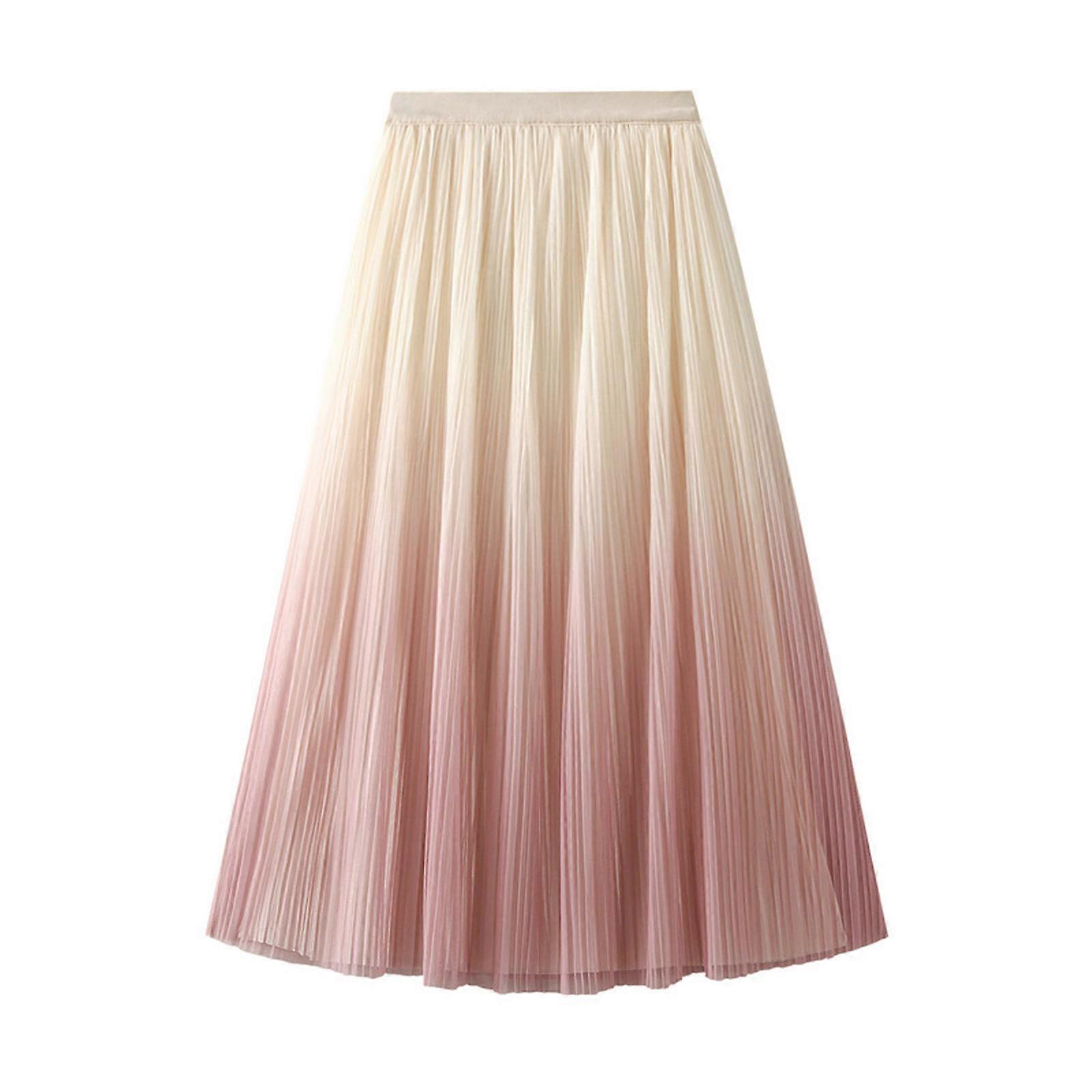 Summer Spring Dresses Gradients Color Dresses Tulle Midi 2 Layer Skirts Daily Girl Sweet Style Bottom Wear for Office One Size Pink