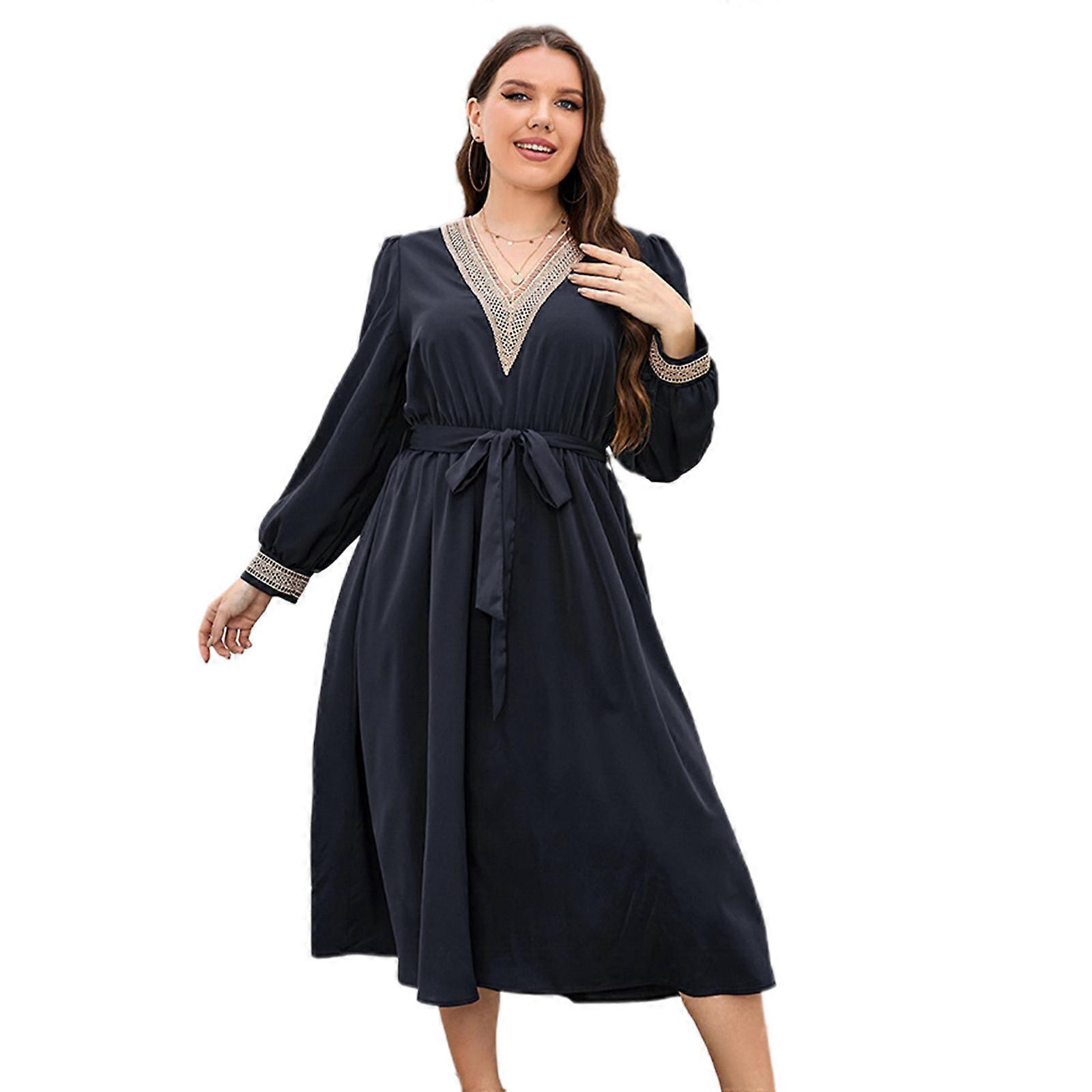 Women's Dress Deep V-Neck Long Sleeve Waist Tie Swing Dresses Plus Size Casual  Dress Party Wear Navy blue XL | Fruugo CZ