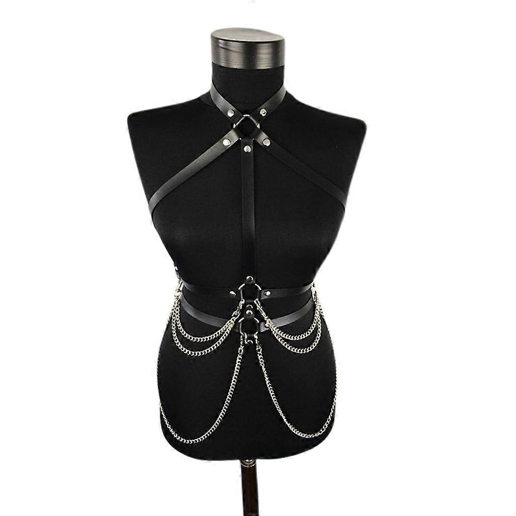Naisten Punk keinonahkainen vyötärövyö riimu kaula vartalo rintavaljaat ketjulla musta