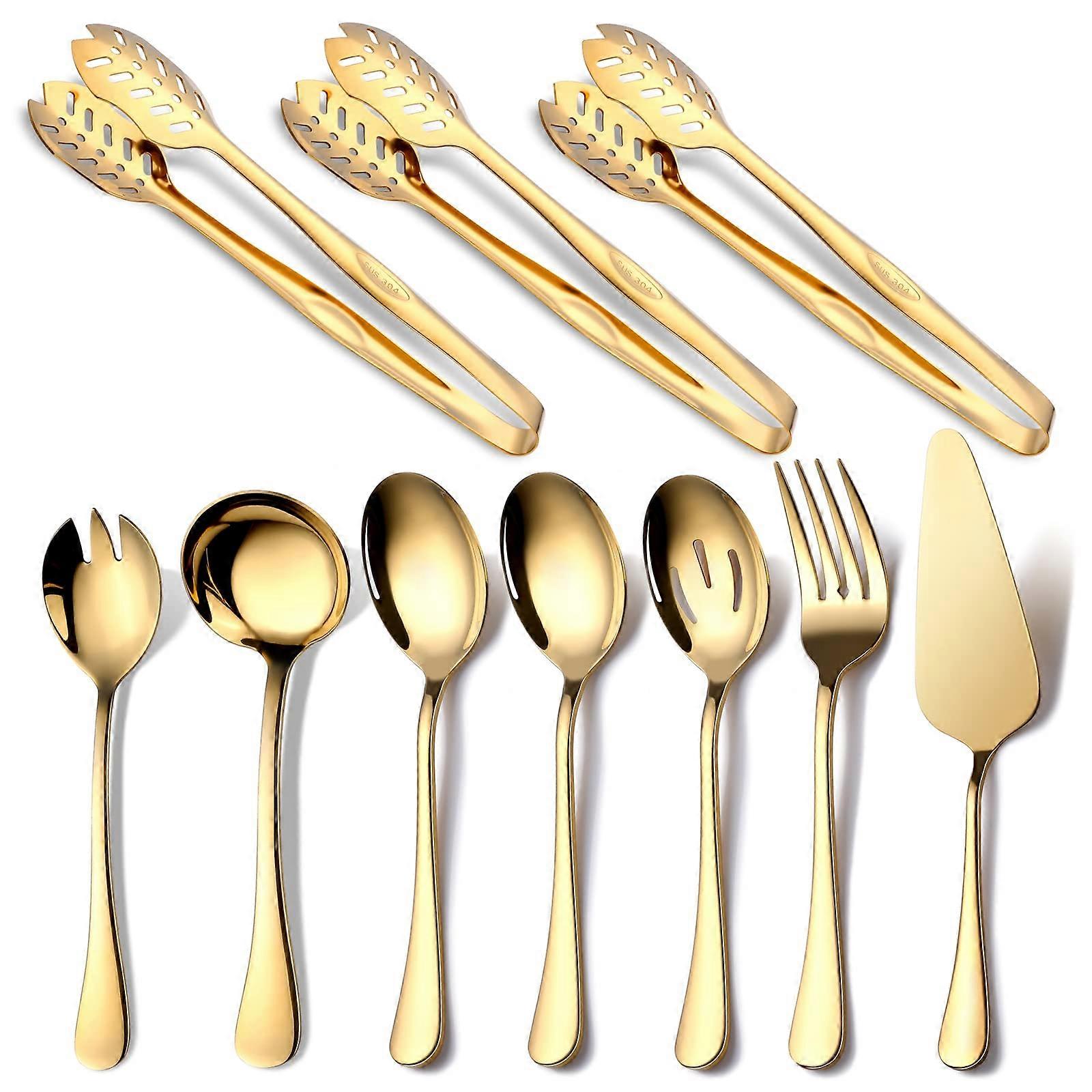 10 Piece Polished Stainless Steel Gold Serving Utensils Set for Elegant Dining and Entertaining