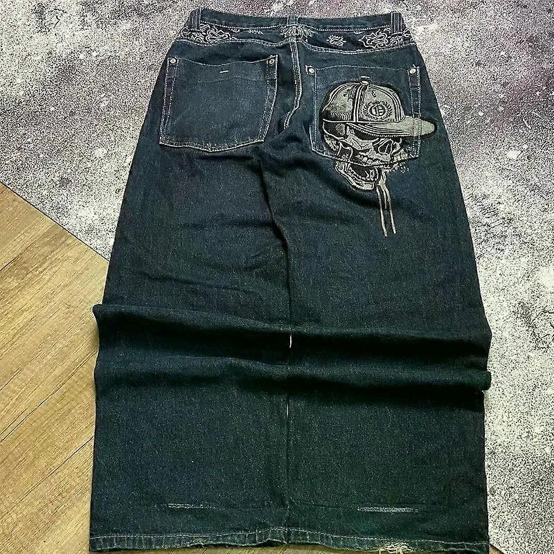 SAmerican Yeni Moda Kafatası İşlemeli Bol Kot Pantolon Erkekler Y2K Sokak Harajuku Pop Gotik Yüksek Bel Rahat Joker Geniş Bacak Pantolon