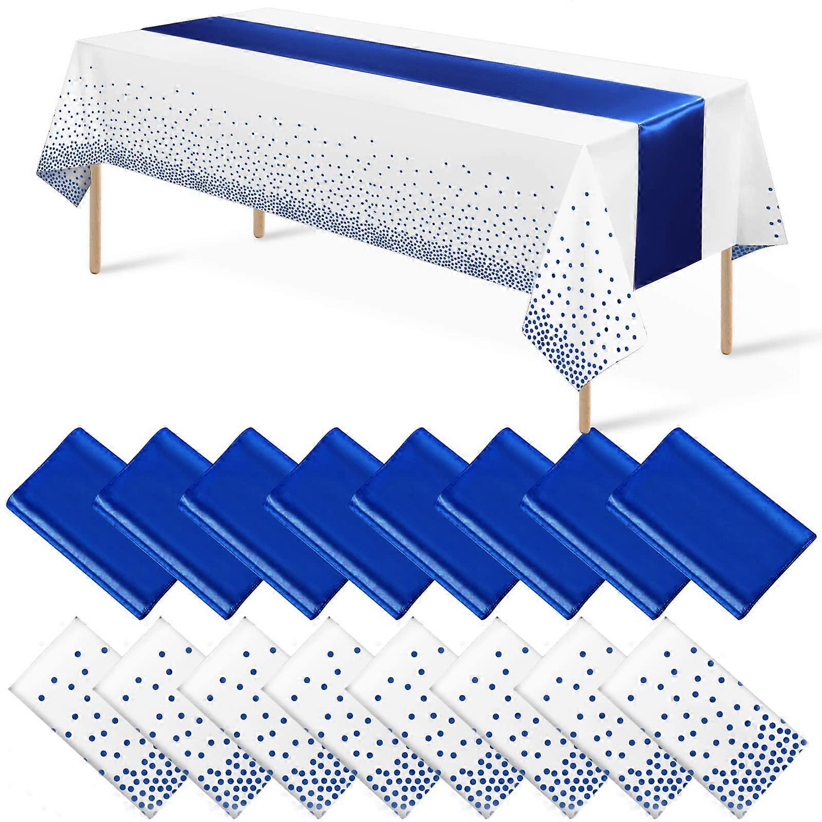 Disposable Plastic Tablecloths 16 Pack With Satin Table Runner White And Blue Spot Pattern