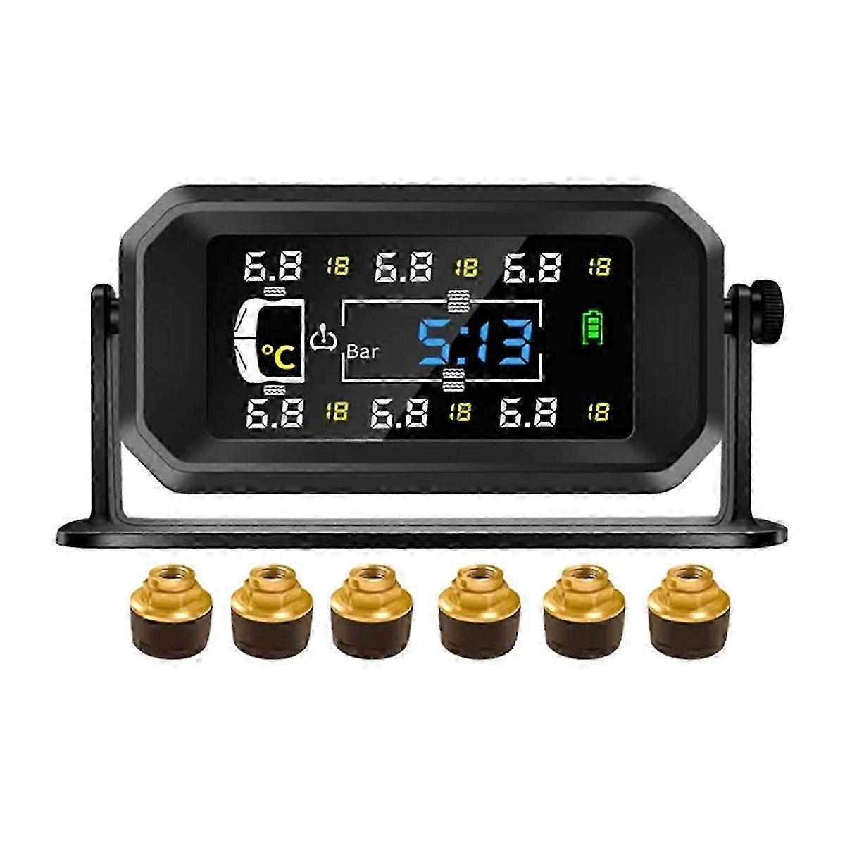 suitable for solar tpms with 6 sensors for car rv truck tire pressure temperature monitoring alarm clock display