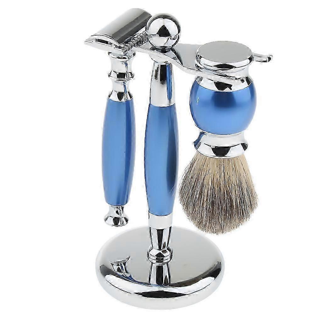 Luxury Shaving Set Safety Razor + Shaving Brush + Alloy Stand Holder Blue