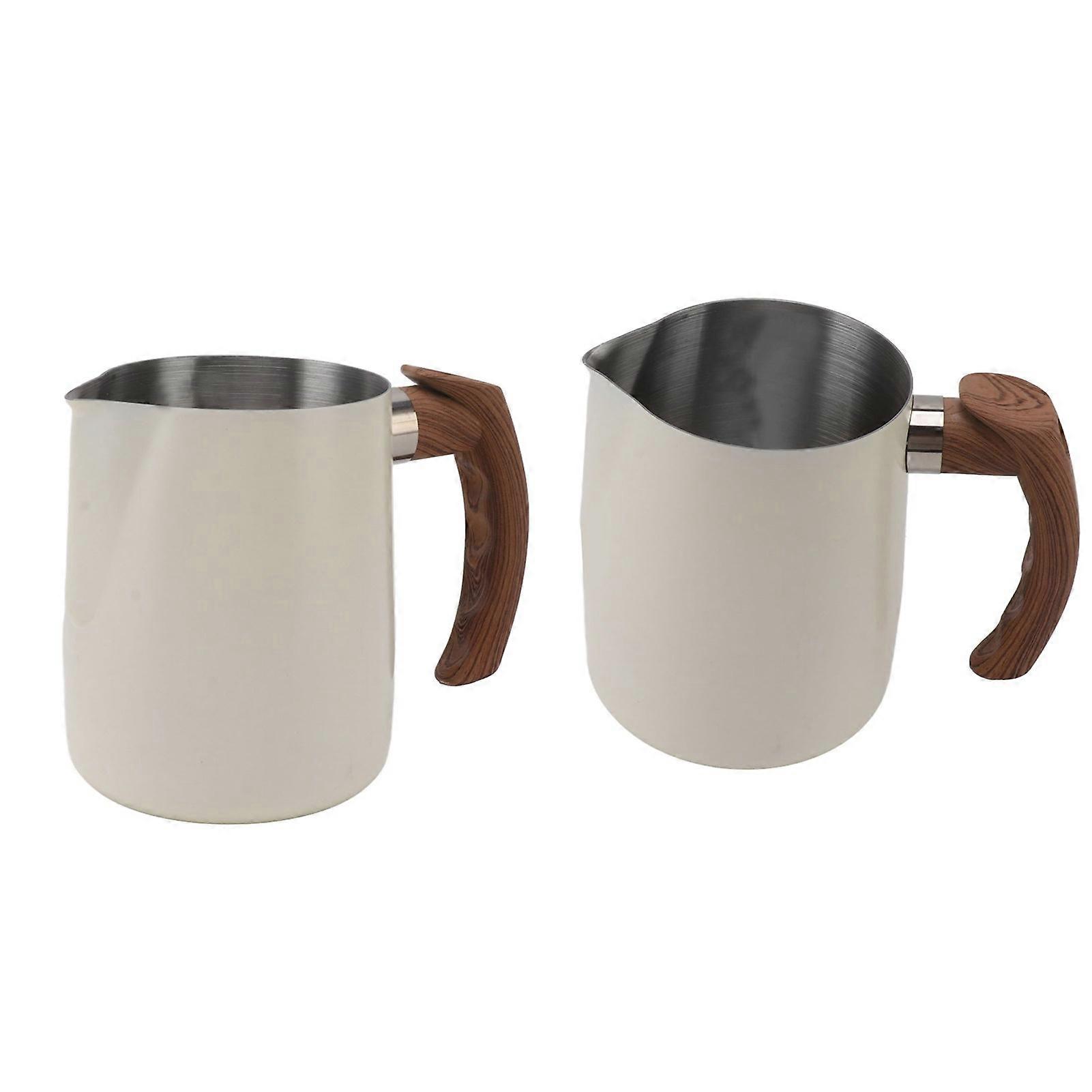 Milk Frothing Cup Inner Scale 304 Stainless Steel Dripless Spout Coffee Steaming Pitcher with Handle Pearl White 600ml