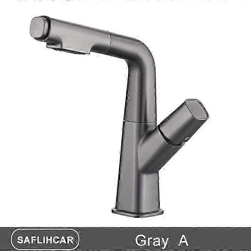 Gray Kitchen Sink Faucet 360 Degree Rotating Pull Out Button Key Basin Faucet Single Handle Hot Cold Mixer Tap