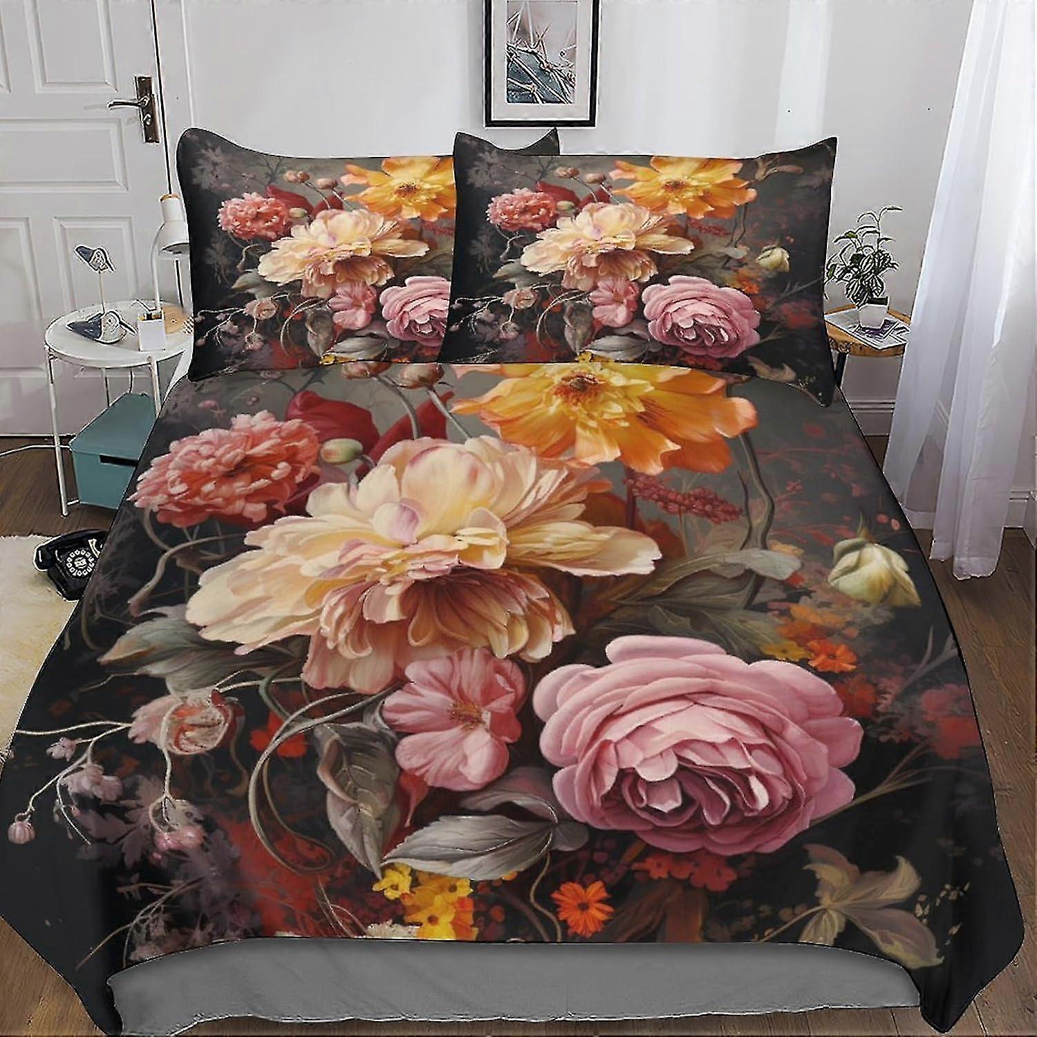 Conjuntos de capa de edredom com flores coloridas - Capa de colcha de arte botânica 3D para crianças, conjunto de cama de 3 peças com fecho de zíper