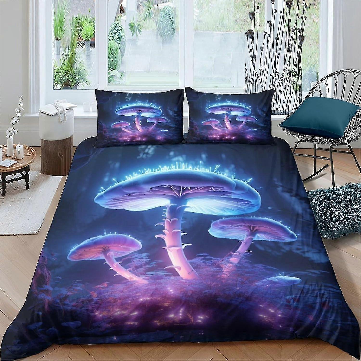 Conjunto de capa de edredão impresso em 3D com design de cogumelos de fantasia, conjunto de cama de microfibra macia, qualidade de hotel com travesseiro