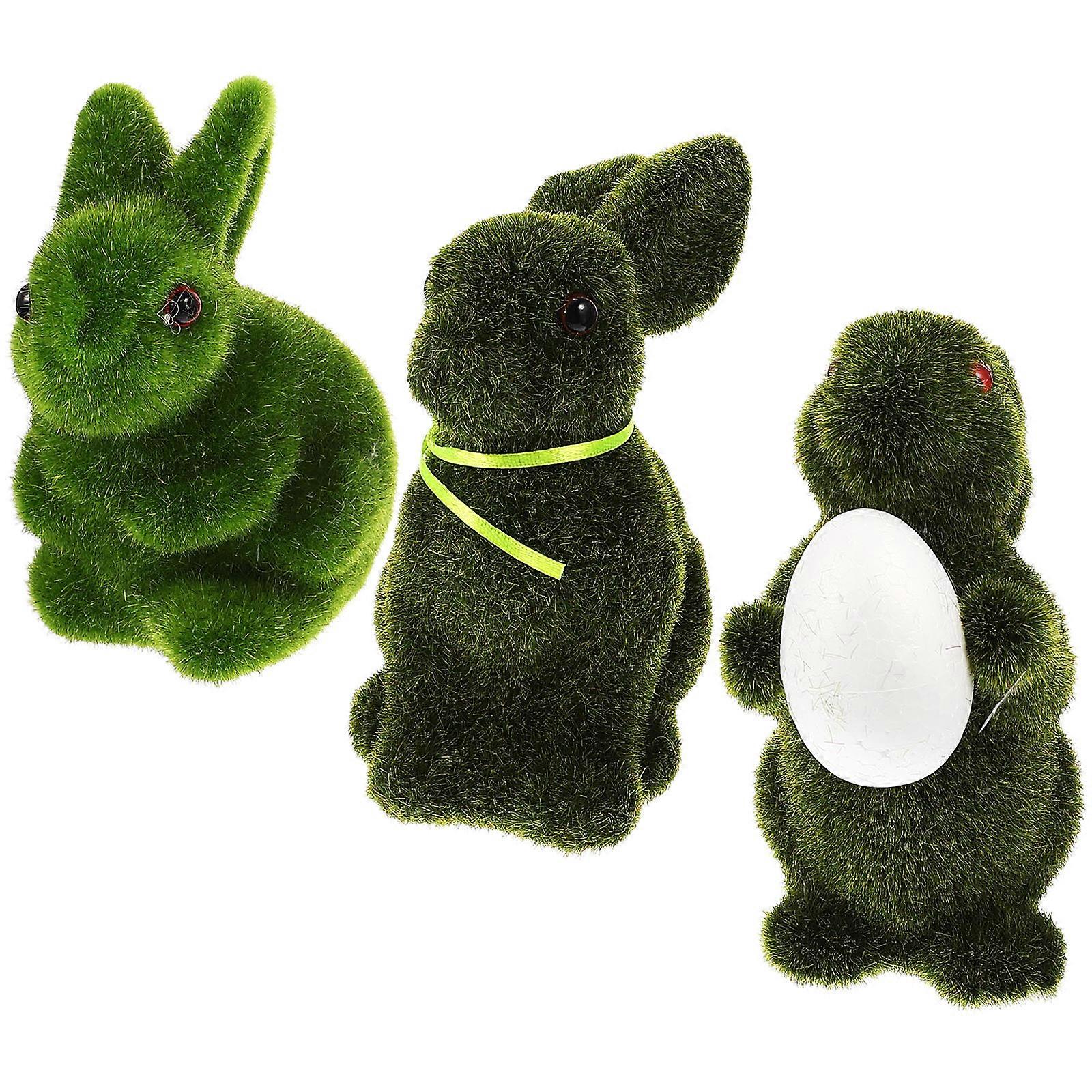 Moss Covered Bunny Flocked Statue Garden Ornament Indoor and Outdoor Use Foams 15x9x7cm 3Pcs