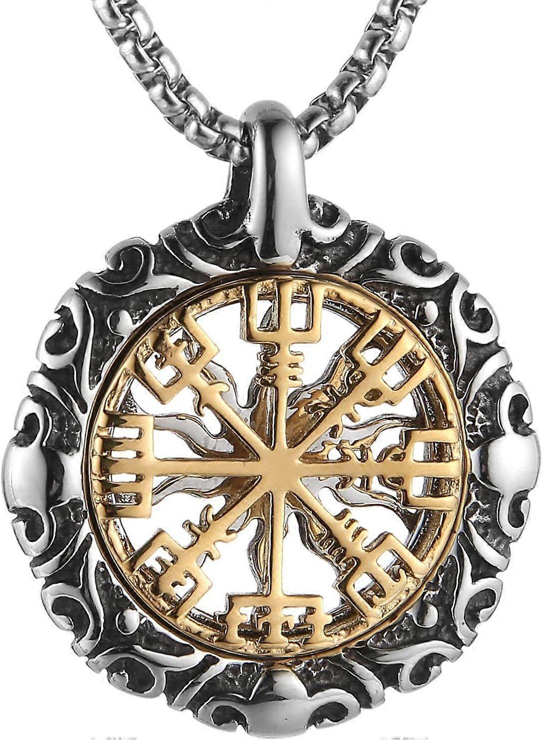 Viking Vegvisir Compass Necklace  Double-Sided Steel Pendant