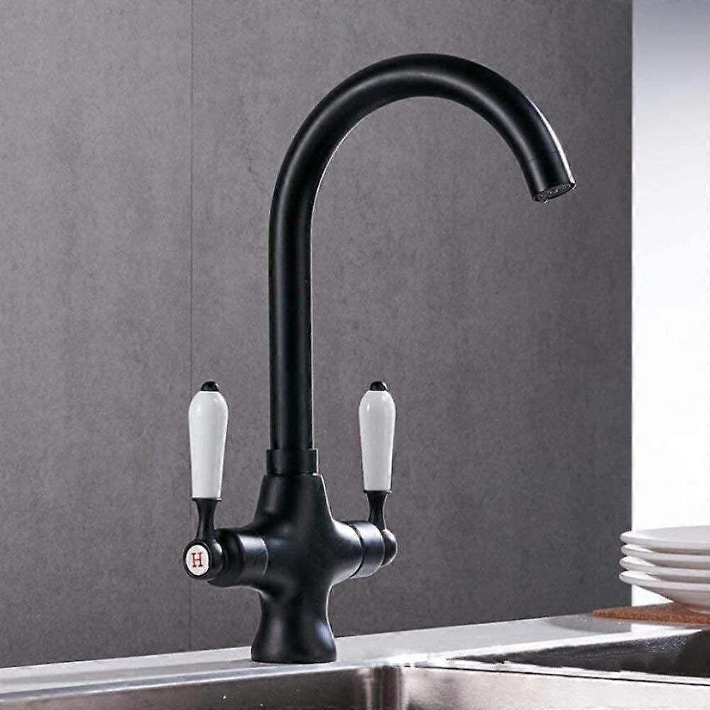 Wasserhahn Doppelgriff Schwarz 360° Drehbar Küchenarmatur für Messing-Silber-Doppelspülen Warm- und Kaltwasser