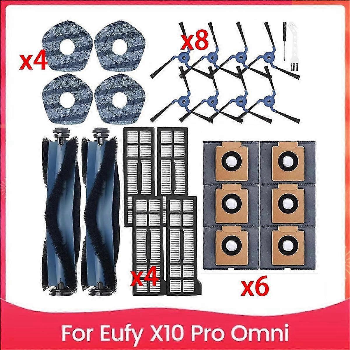 Compatible with X10 Pro Omni:2 Main Brushes, 4 Mop Pads, 8 Side Brushes, 4 HEPA Filters, 6 Replaceme