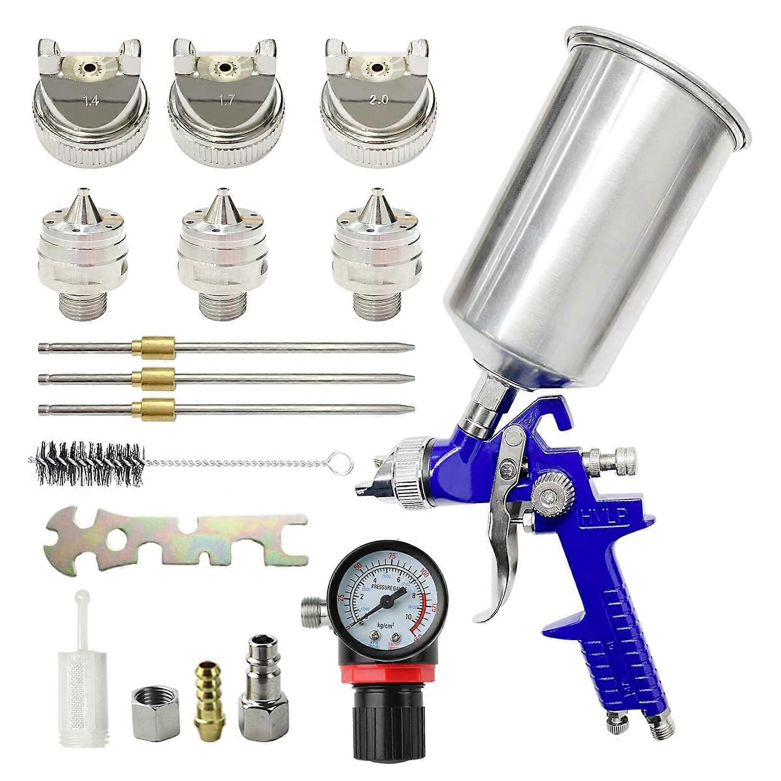 HVLP Paint Spray Gun with 3 Nozzles 1.4mm 1.7mm 2.0mm and 1000ml Aluminium Cup for Cars and Furniture (Blue)