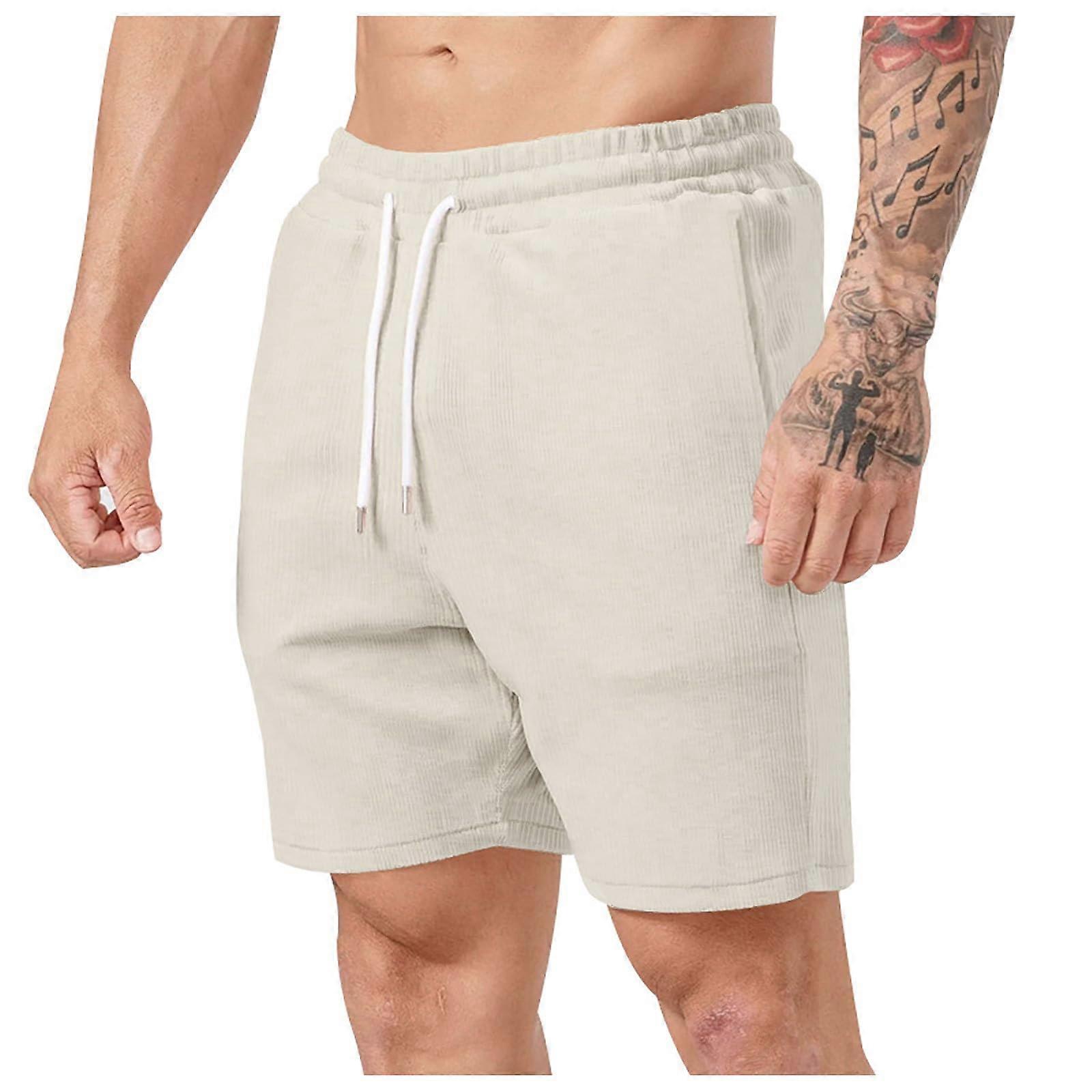 Men's Corduroy Shorts Beige With Pockets Elastic Waist Drawstring Cargo Casual Summer Beach Leisure Plain S