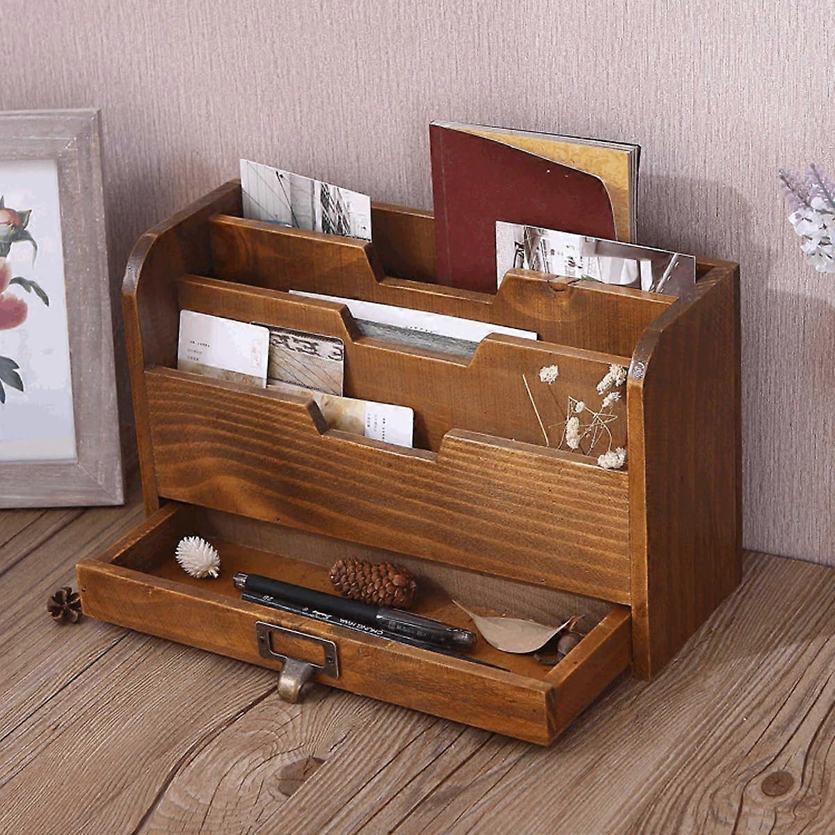 Wooden Letter Holder, 3Tier Mail Sorter Desk Organizer With Drawer, Desktop File Storage Stand, Natural Wood Finish