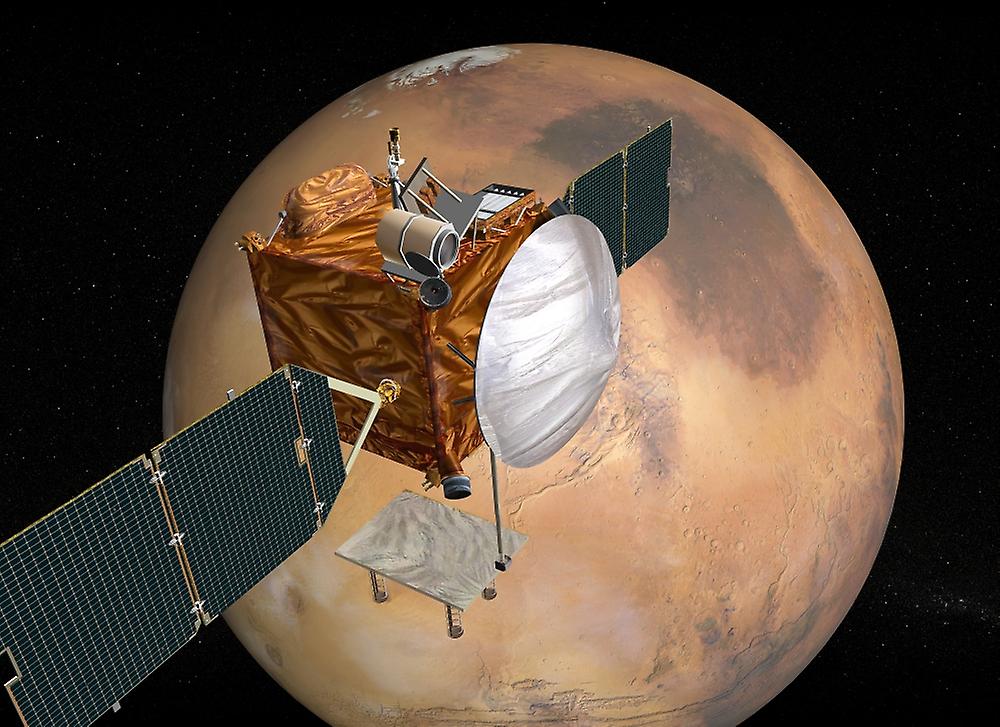 Mars Telecommunications Orbiter in flight around Mars. Poster