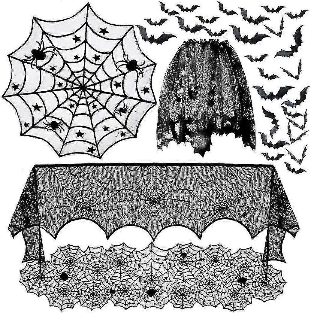 Halloween Decoration Set with Round Table Cloth, Spider Web & Spooky Bats for Halloween Lace