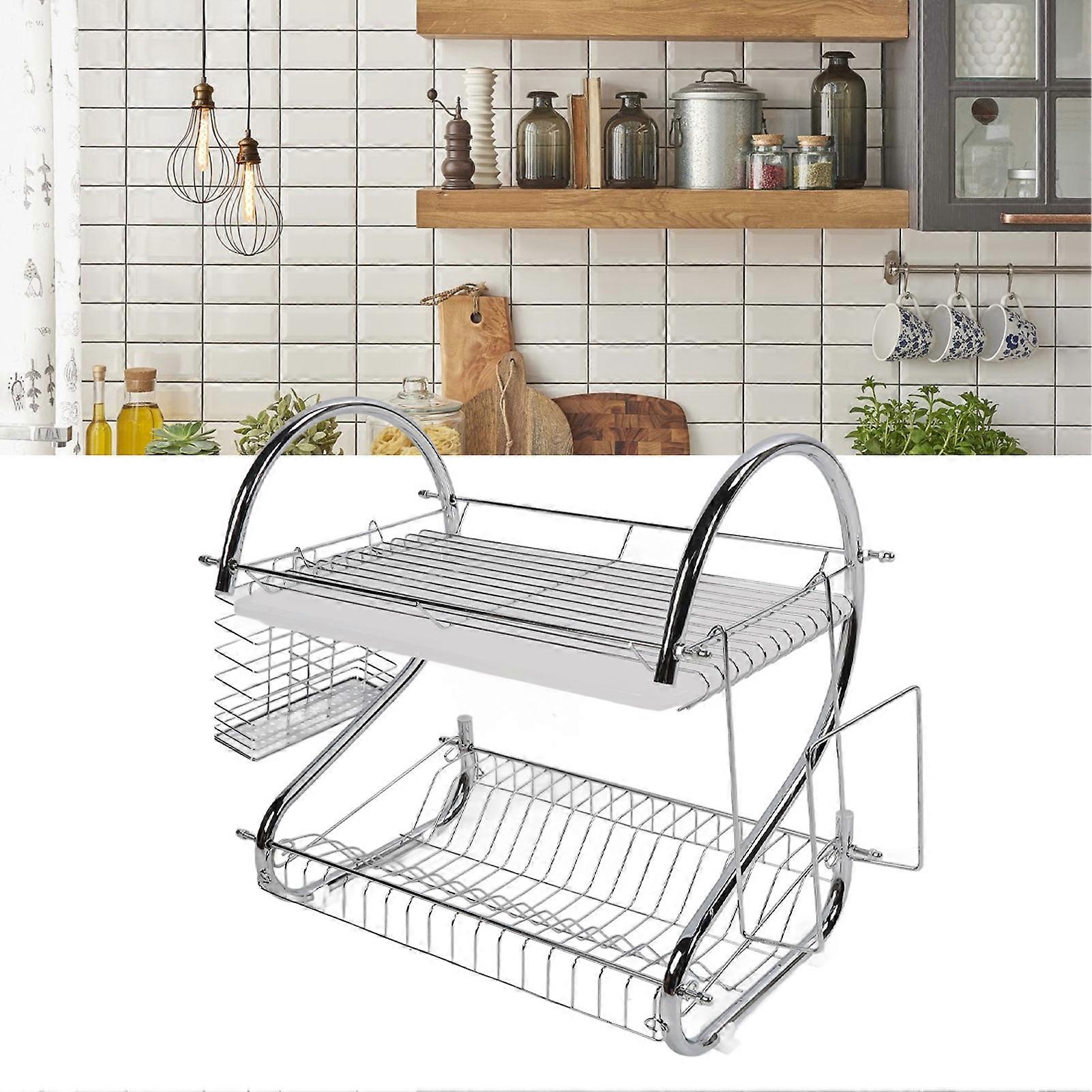2-Tier Iron Dish Rack Kitchen Drying Drainer Rust-Resistant Organizer