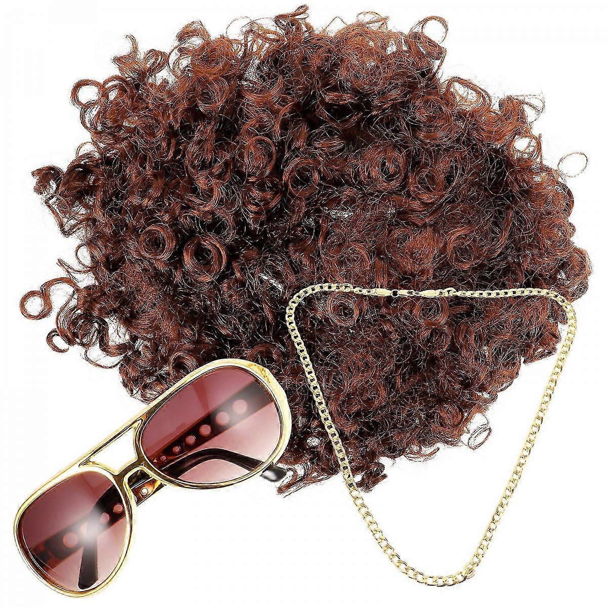 Wig Glasses Set for 70s Role Play 1Set Assorted Color Disco Costume