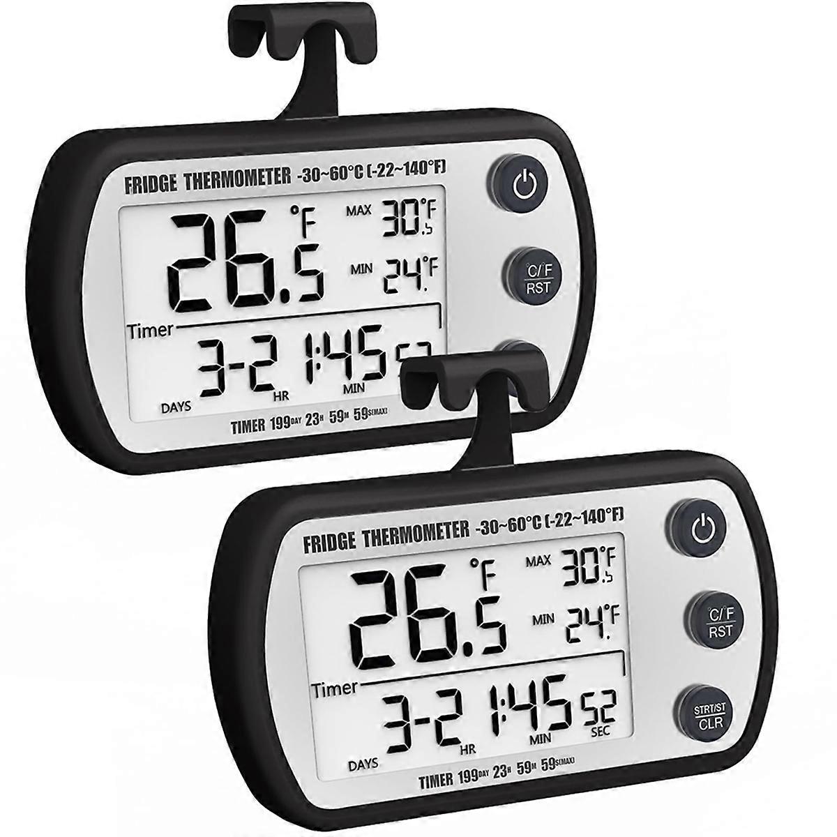 Digital Refrigerator Thermometer 2 Pack,Waterproof Fridge Thermometer, Max/Min Record Function,Timer Function Black