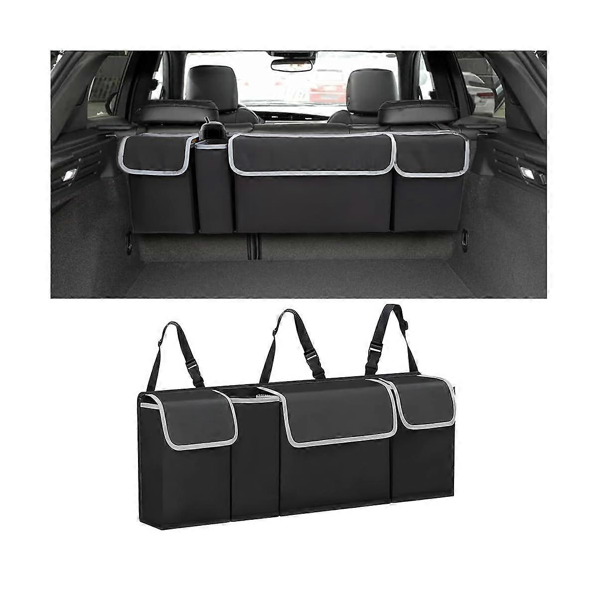 Car Trunk Organizer Backseat Hanging Storage With Adjustable Straps Waterproof Collapsible 4 Pockets For SUV MPV Black