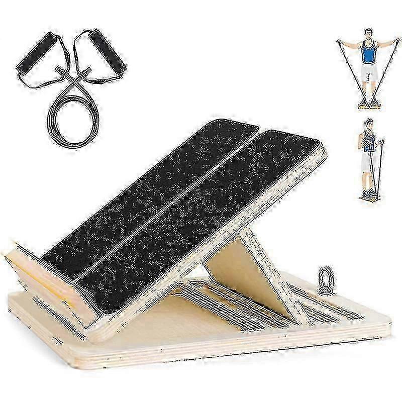 Professional Wooden Calf & Ankle Stretcher with Resistance Bands, Adjustable Foldable Incline Board