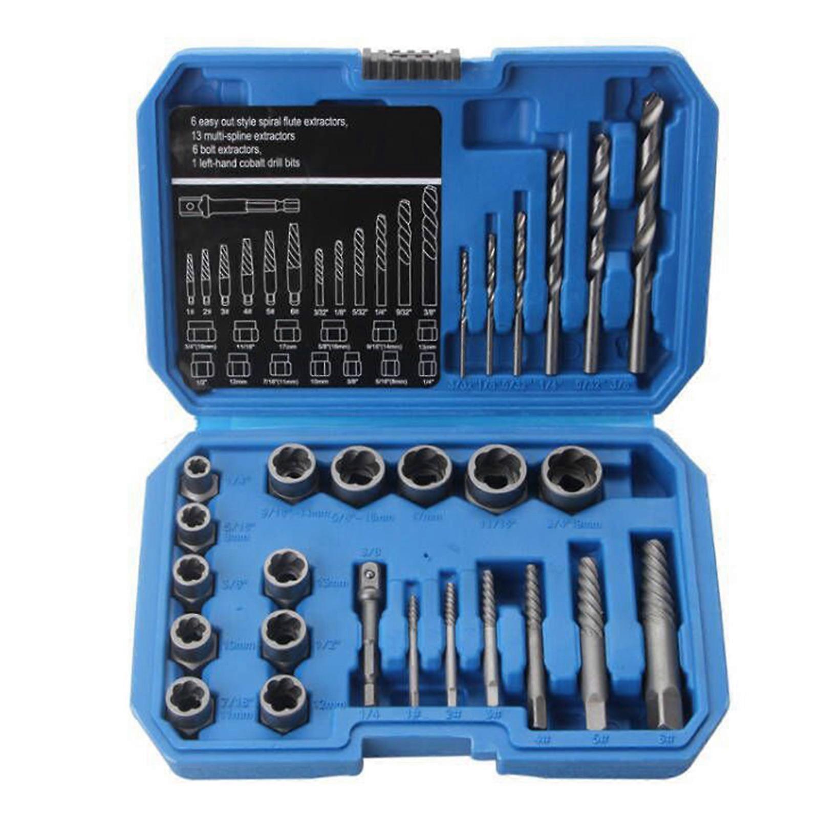 26 Piece Screw Extractor Kit 135 Degree Split Point With Alloy Drill Bit And Impact Adapter For Damaged Bolt Nut Removal Multicolor