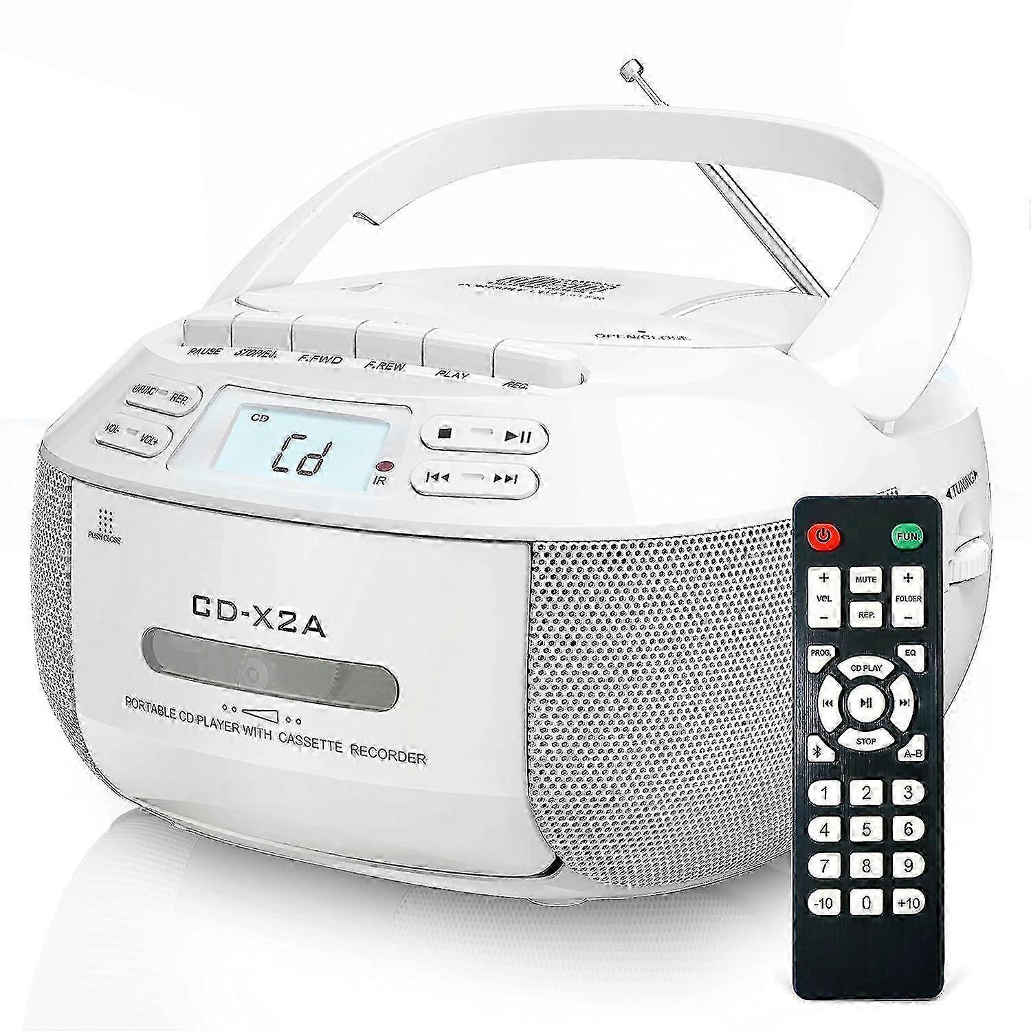 Portable CD Player with Bluetooth Boombox, FM Radio, Remote Control, AUX/USB, Cassette Recorder, AC/Battery Operated, LCD Screen, White 25-2