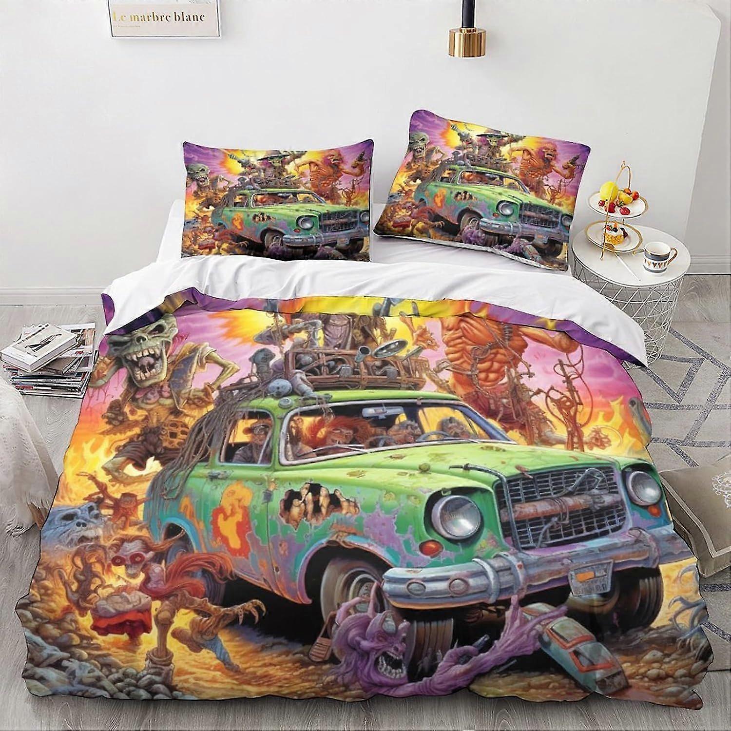 LikeEj monstros edredom capa carro vintage padrão impresso cama capa edredom com fecho com zíper, conjunto de cama macia dos desenhos animados de microfibra
