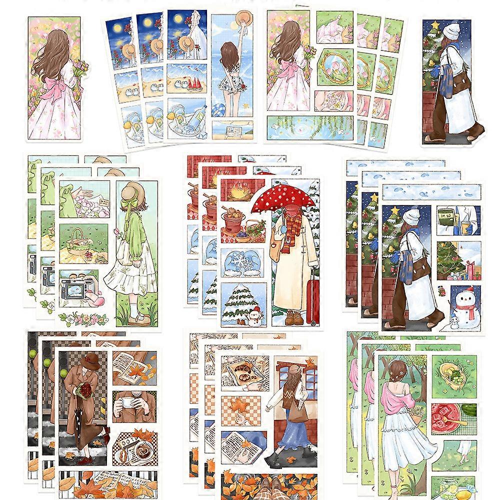 8 colorful illustrations depicting the four seasons, perfect for DIY mobile phone back cards, notebook storage boxes, and waterproof compute