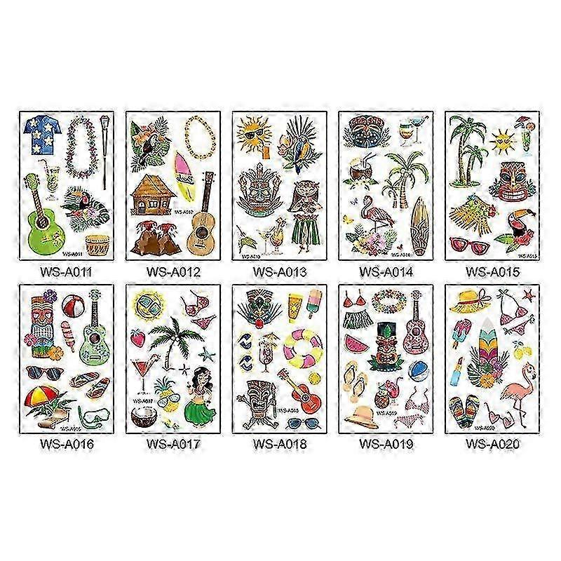 2025 Dww-Ensemble de 10 autocollants de tatouage hawaens impermables autocollants de tatouage de fte de plage de bord de mer d't de mode