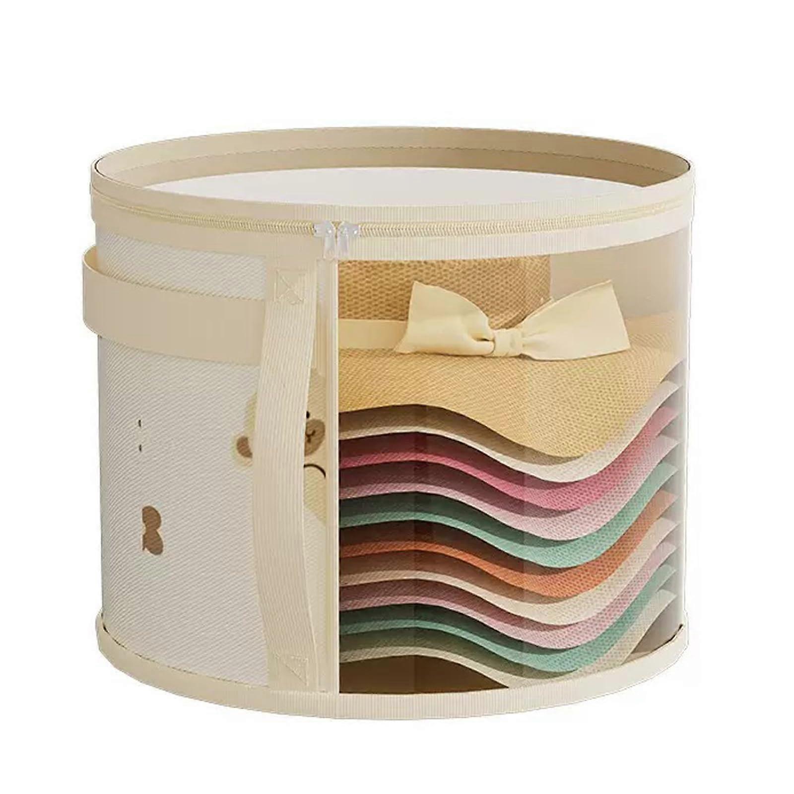 Hat Storage Box Round Transparent with Dust Cover, Large Stackable Travel Hat Organizer Beige