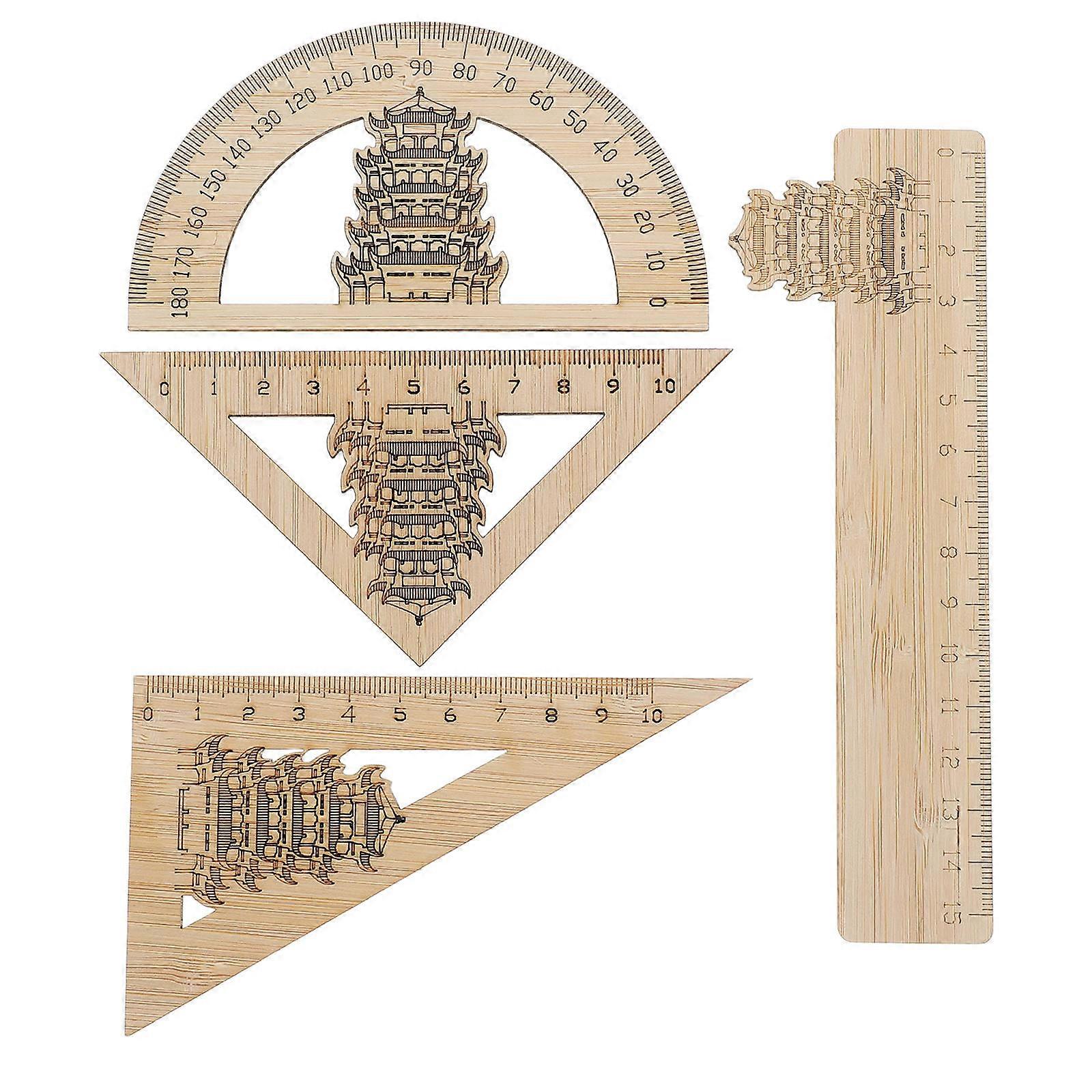 Bamboo Ruler 4Pcs Multi-Use Measuring Tools for Classroom Use Yellow Color and Vintage Style Cleaning