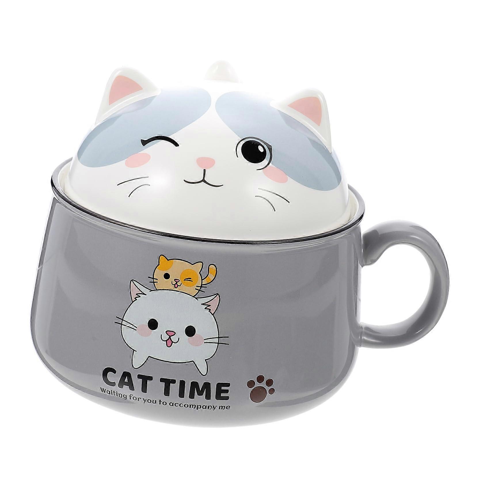 Ceramic Noodle Bowl with Handle and Lid, Microwave Safe Cat Design Porcelain Soup Bowl 1020mL