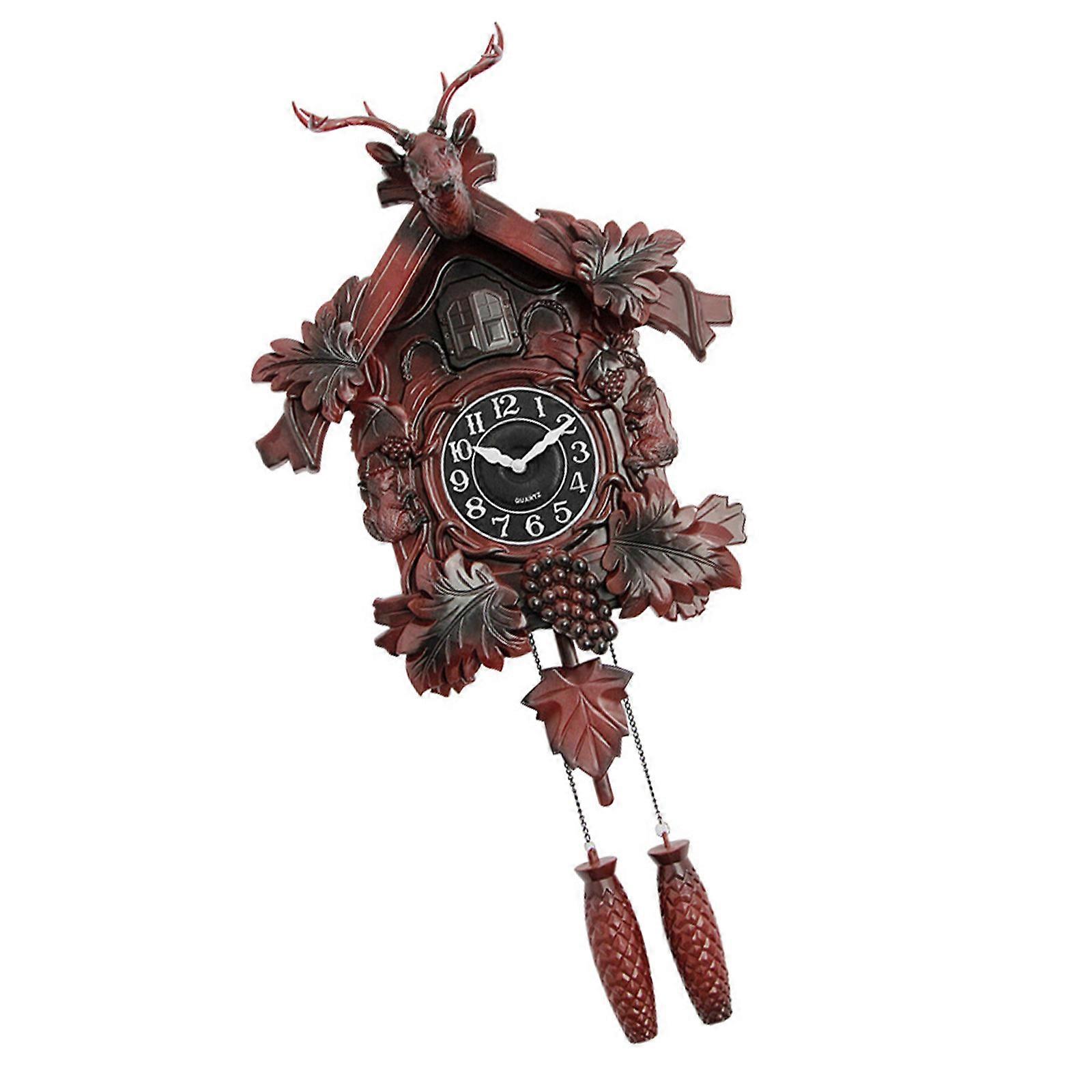 Retro Cuckoo Clock Wall Mounting Deer Head Figure Hourly Sound Announcement Quiet Operate Wall Clock  red brown