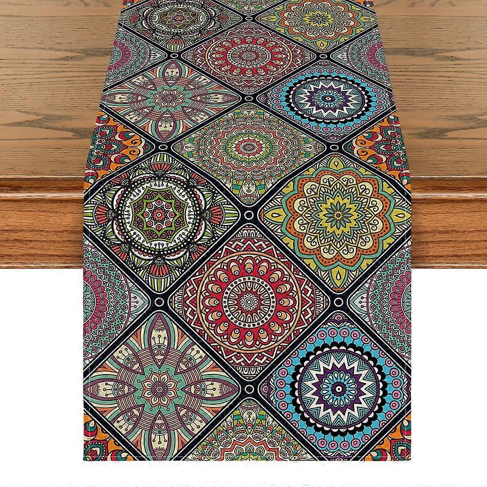 Boho Table Runner 13x72 with Vibrant Pattern, Rustic Farmhouse Dining Decor, Heat Resistant Fabric