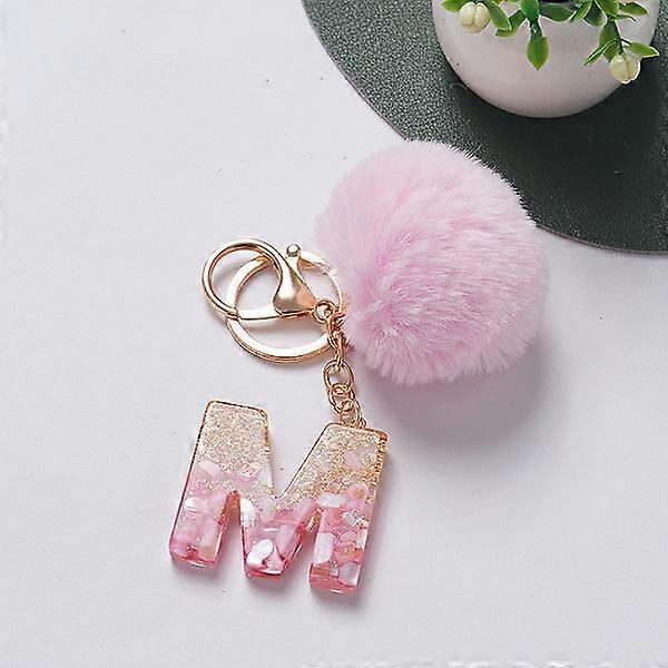 e Keychain Pink Pompom Ball Keychain with 26 Letters Resin Keychains M