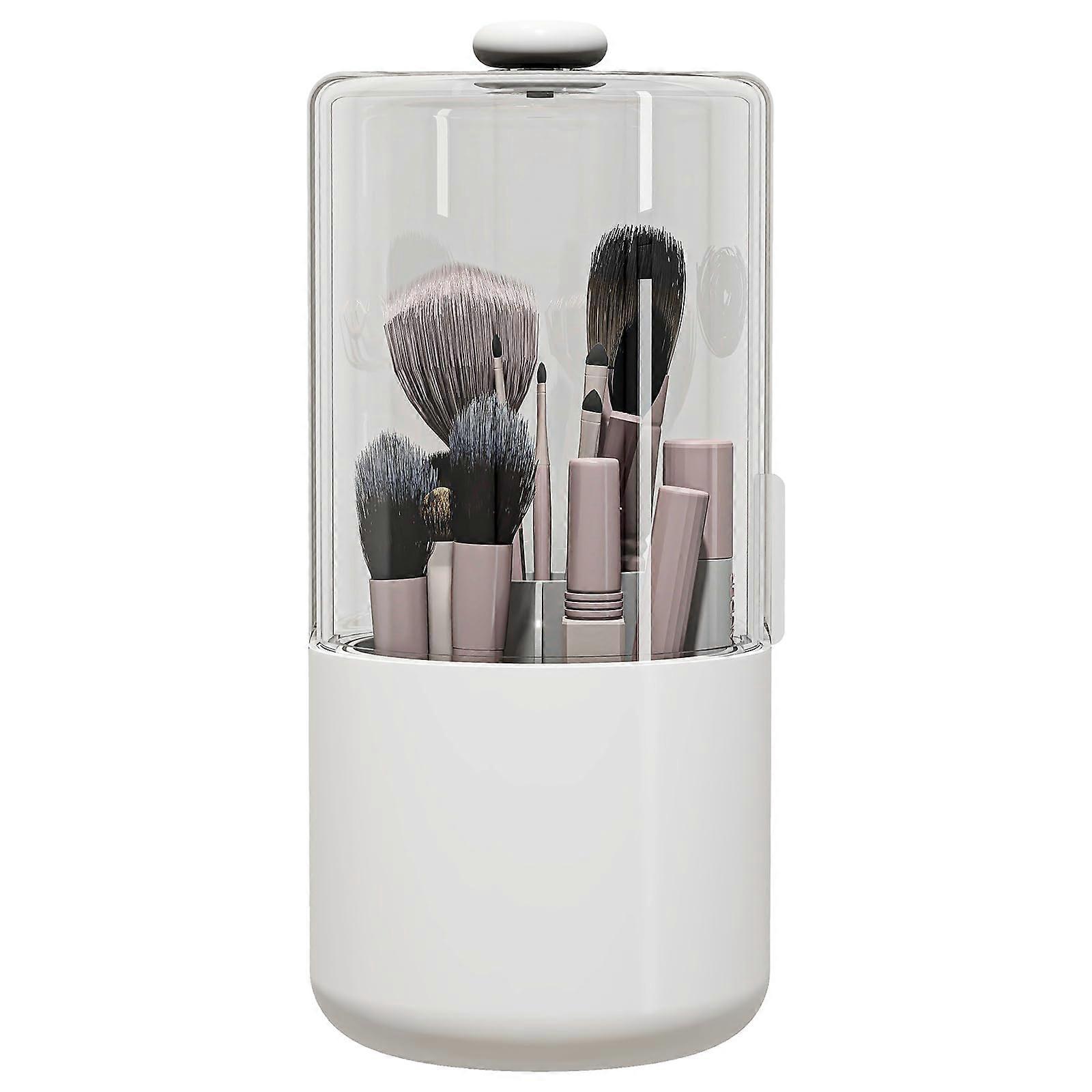 Makeup Brush Holder with Dustproof Sliding Lid, 360 Rotating Organizer with NonSlip Base, White