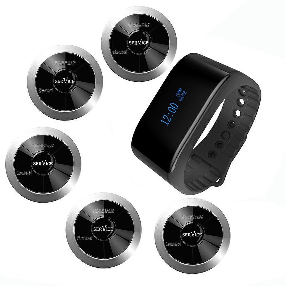 Wireless Call System Waterproof Watch Pager for Waiters Nurse, 1 Receiver and 5 Table Buttons